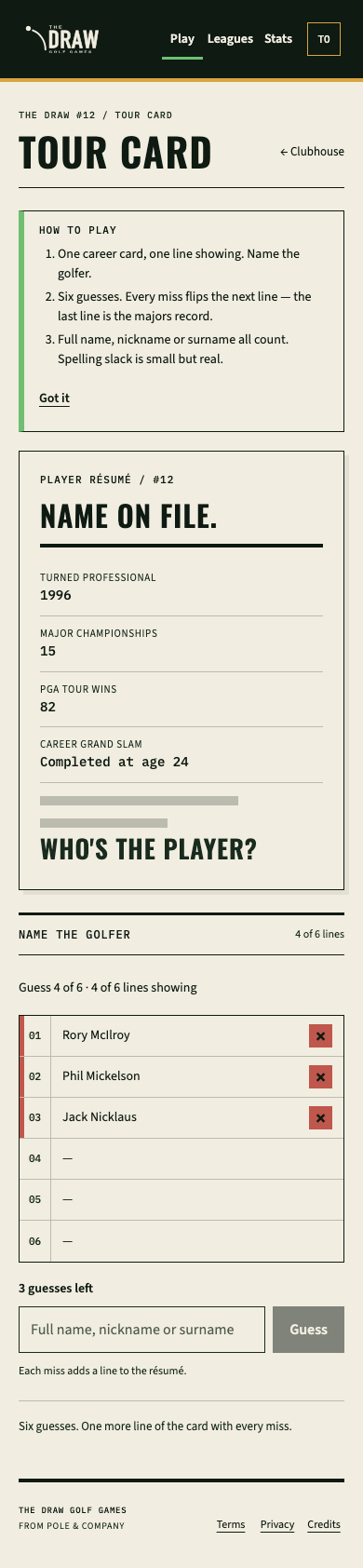 Tour Card game screen on mobile