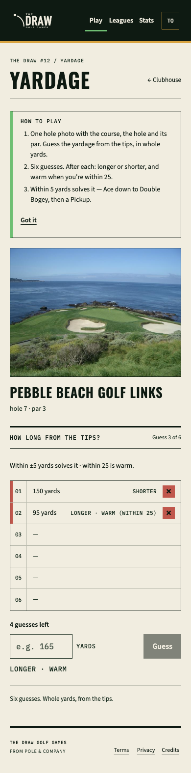 Yardage game screen on mobile